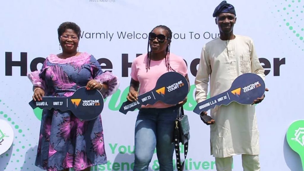 Happy clients with delivered house keys at Vantage Court, Bogije, Ajah